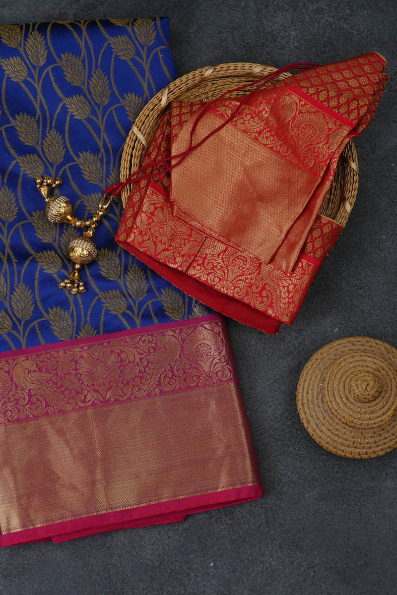 Kanchipuram Handloom Weaving Silk Saree | Blue and Red Border