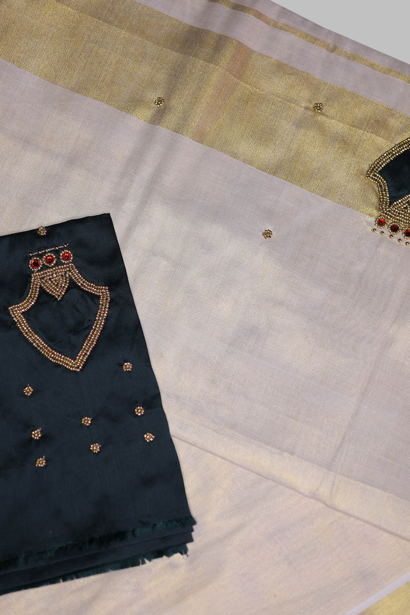 Elegant Kerala Golden Tissue Saree with Aari Beadwork