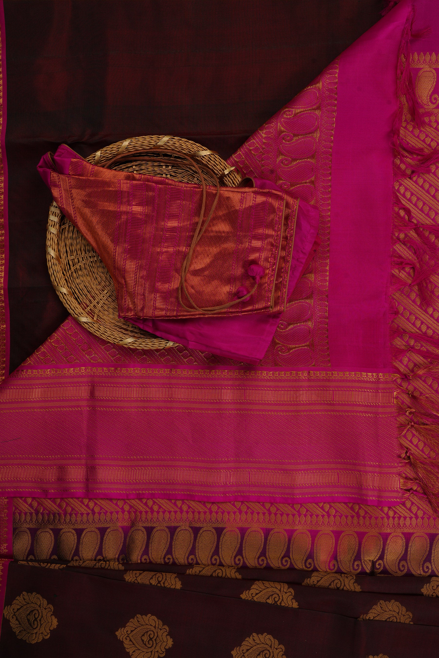 Pure Handloom Silk Saree | Double Warp | with fully Stitched Blouse Saree JCS Fashions Brown with Pink 5.5 meters