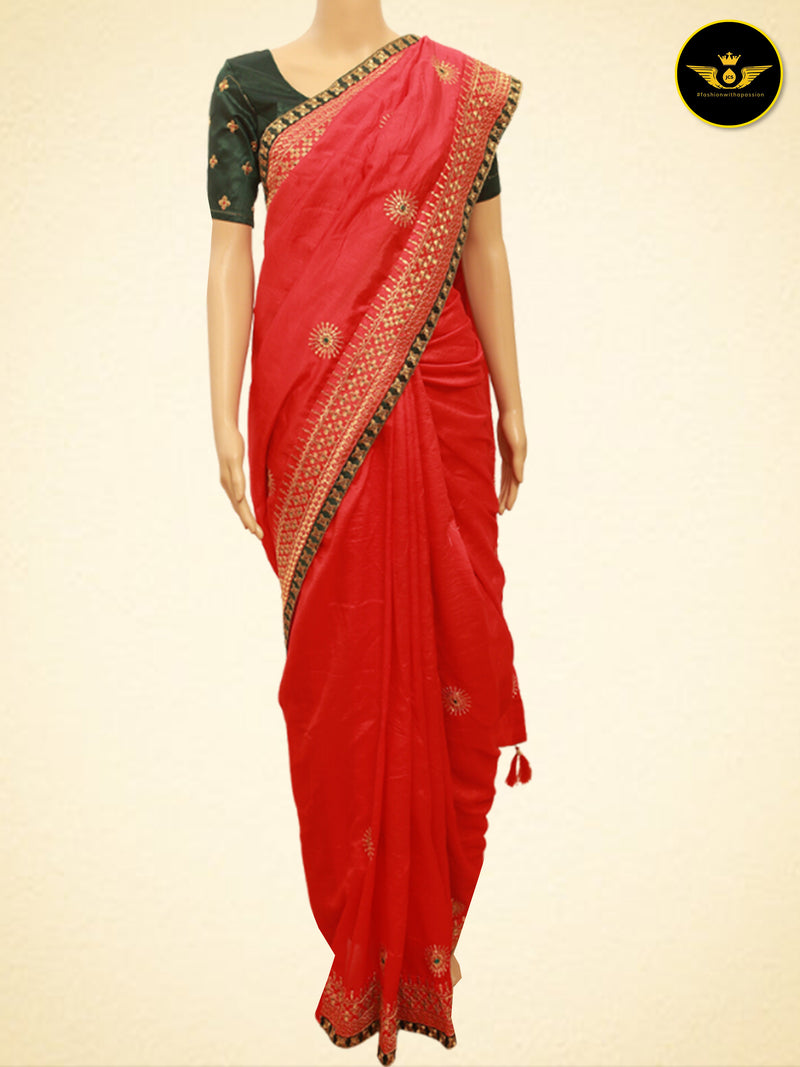 Art Silk Saree With Embroidery Pattern Fully stitched Blouse