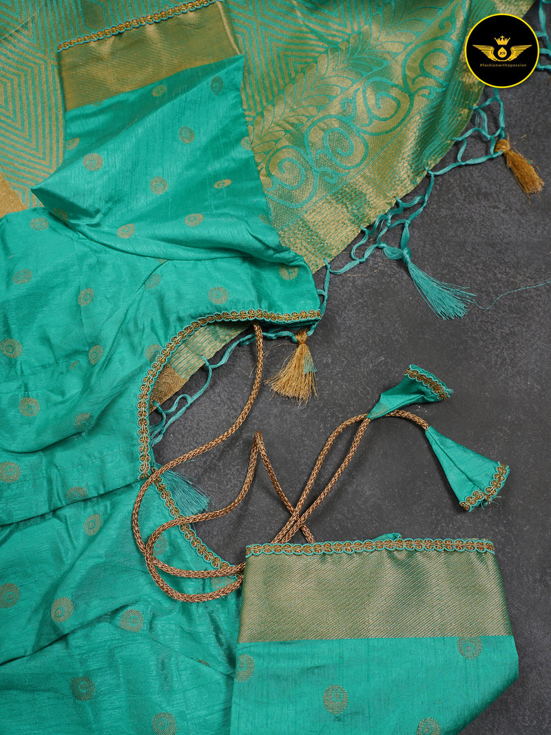 Turquoise Green Color Chanderi Silk Saree With Lace Work Blouse