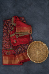 Elegant Ikkat Silk Saree with Luxurious Aari Work Contrast Blouse