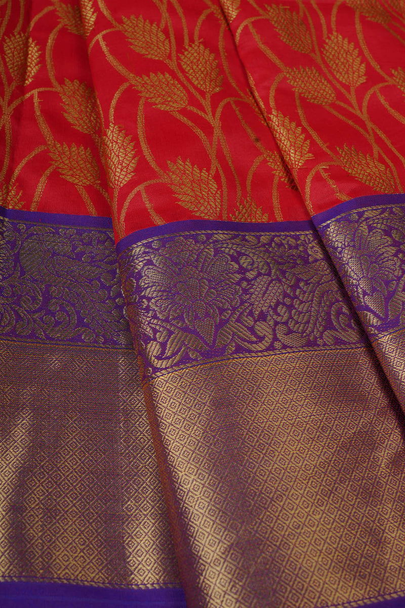 Kanchipuram Handloom Silk Saree: Red & Purple Border | Barcode Blouse