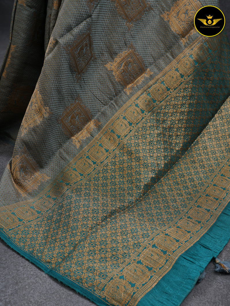 GREY Color Chanderi Silk Saree With Contrast Teal Blue Color Lace Work Blouse