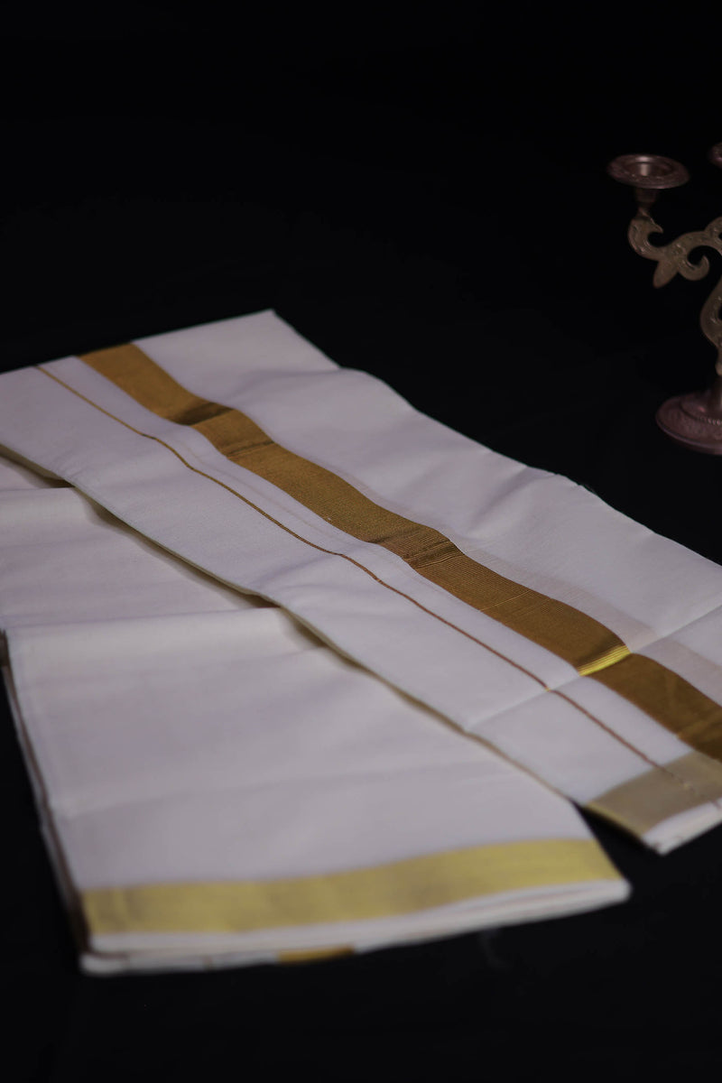 Men's Premium Kerala Cotton Double Dhothi with Golden Zari Border