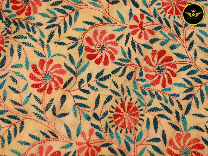 Semi Tusser Silk Hand Kantha Stitch Saree