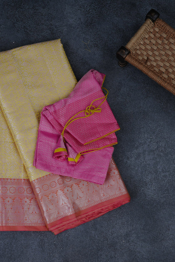Lemon Yellow Banarasi Soft Silk Saree with Silver Weaving Brocade