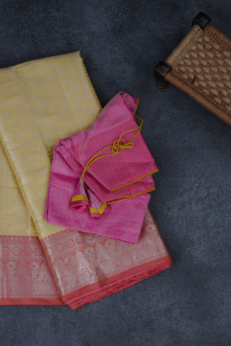 Lemon Yellow Banarasi Soft Silk Saree with Silver Weaving Brocade