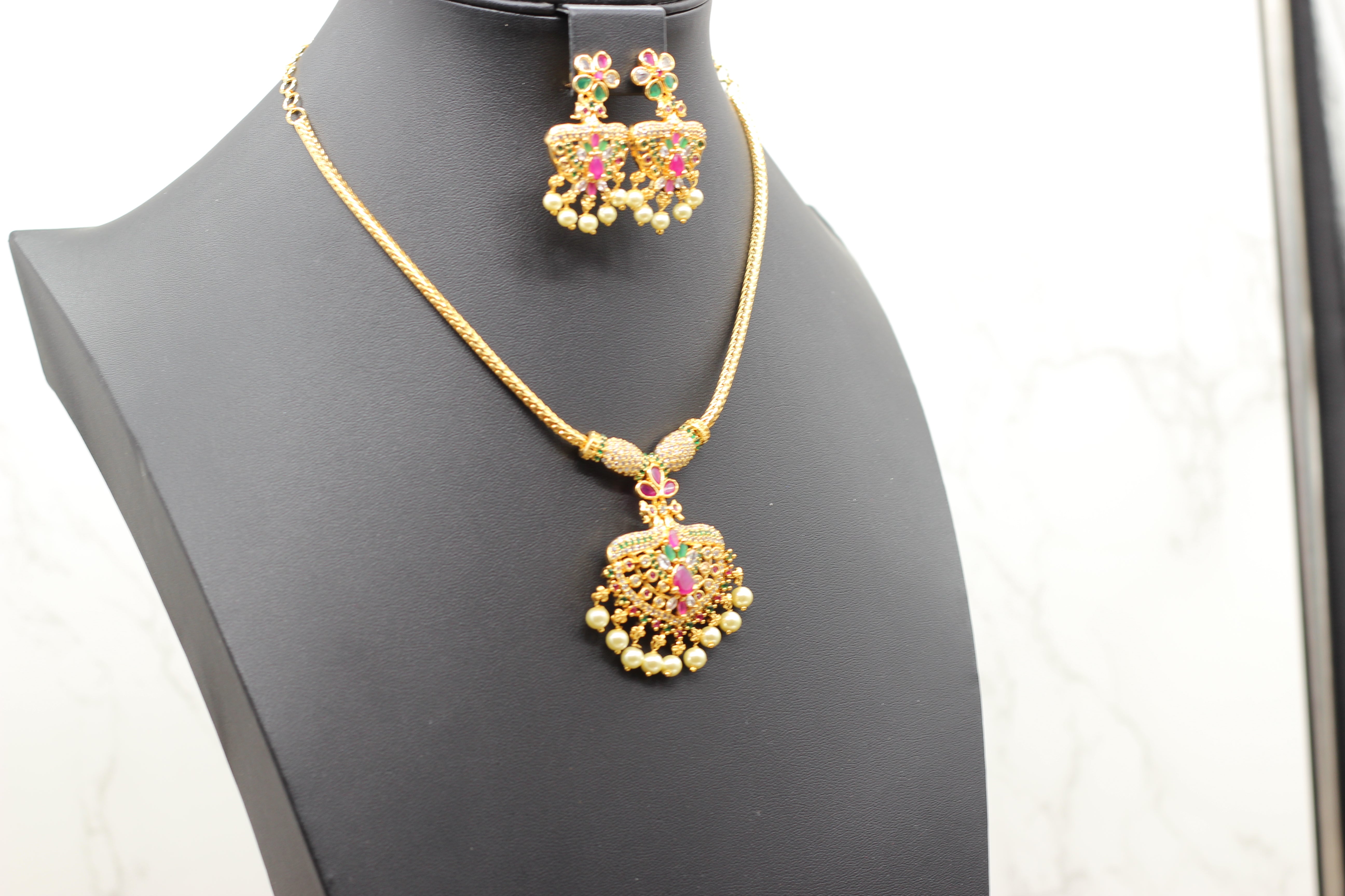 Attigai Pink Stone & Bead Chain and Earring Set in Gold Polish Jewelry JCS Fashions