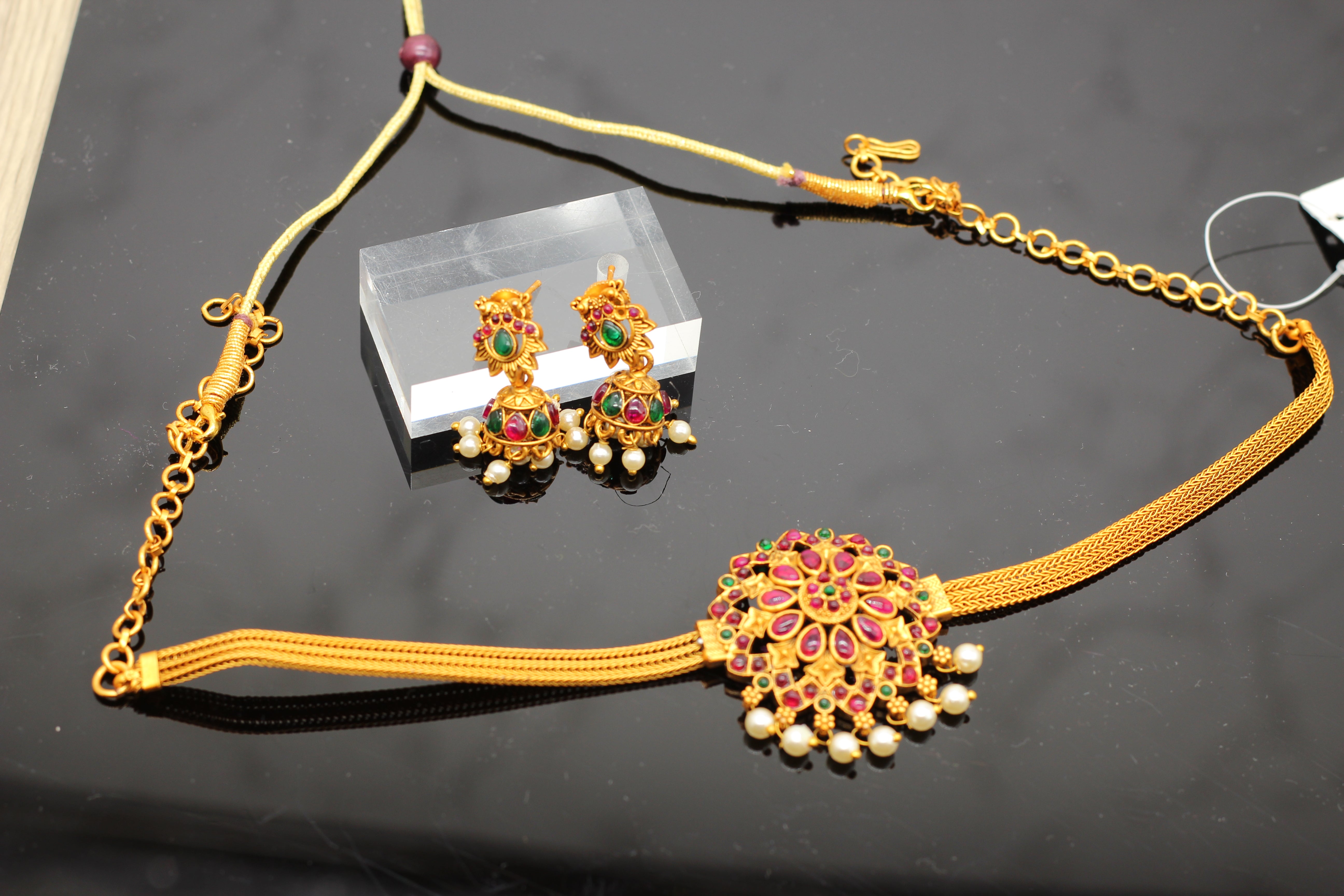 Chic Kemp Pendant and Jhumka Earring Set with Adjustable Choker Jewelry JCS Fashions Matte finish 7"