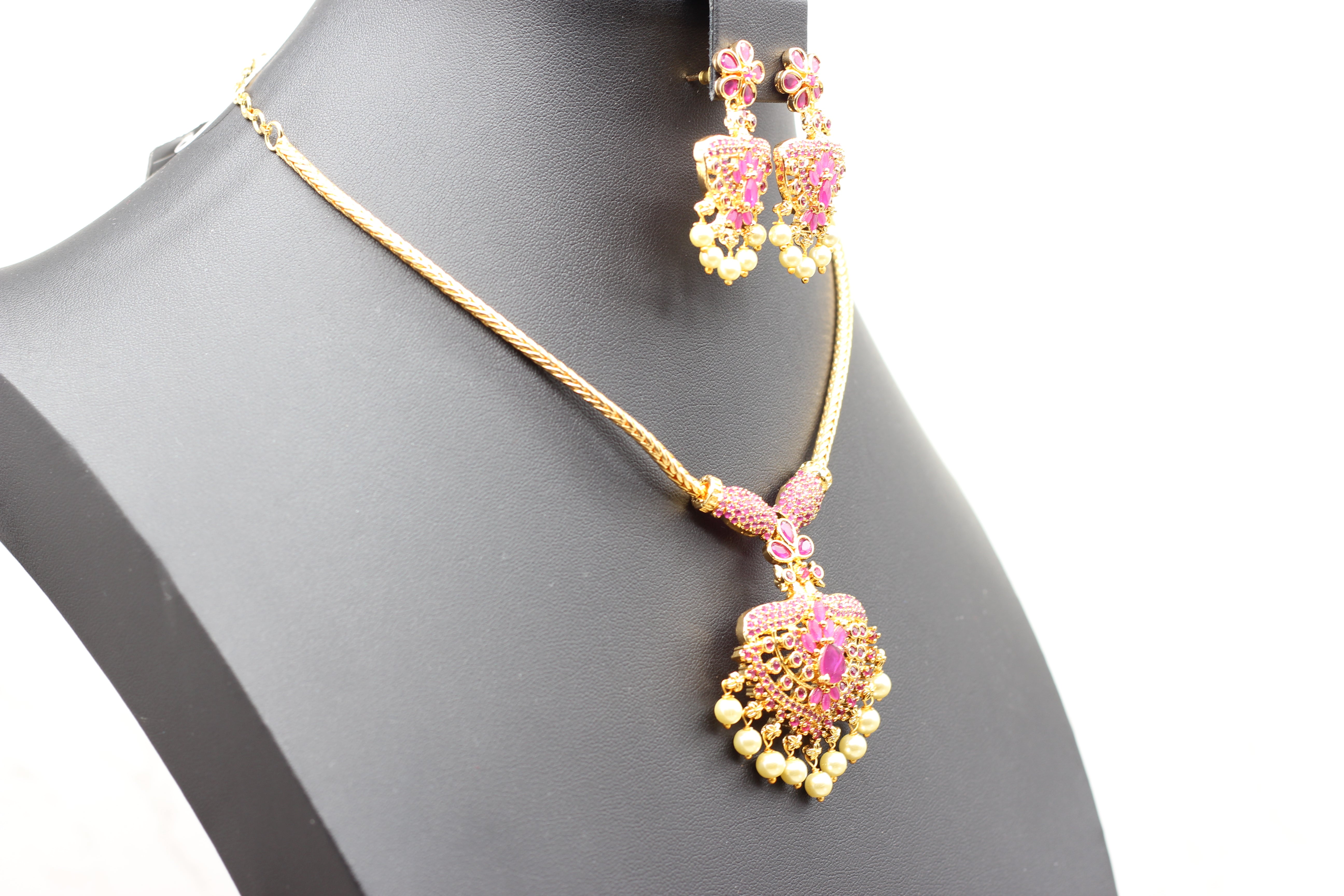 Attigai Pink Stone & Bead Chain and Earring Set in Gold Polish Jewelry JCS Fashions