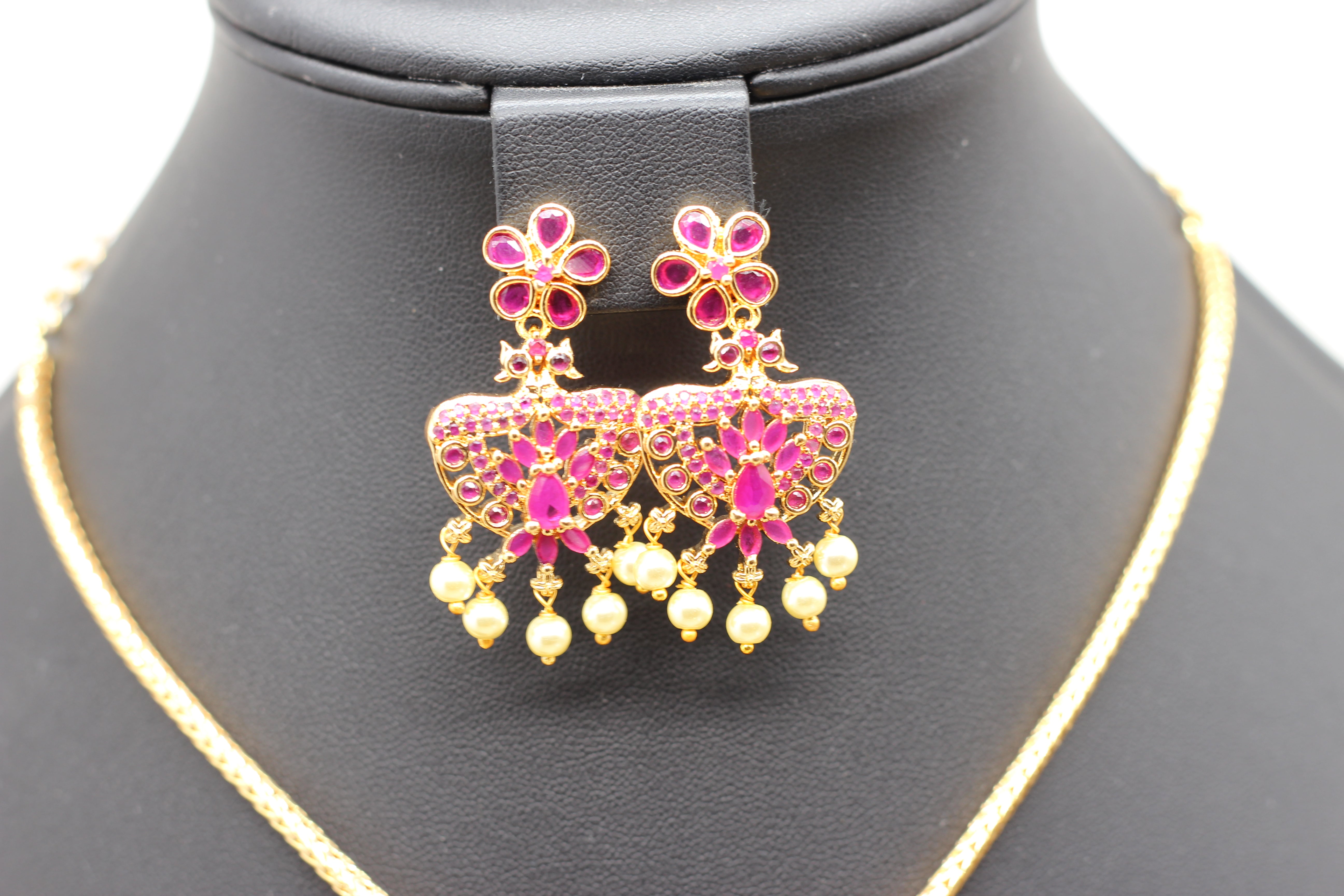 Attigai Pink Stone & Bead Chain and Earring Set in Gold Polish Jewelry JCS Fashions