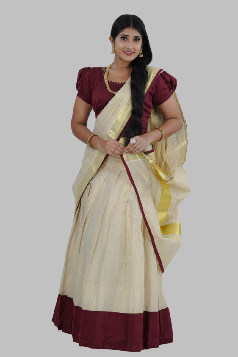 High-quality Kerala Cotton Lehenga Set in Golden Tissue fabric