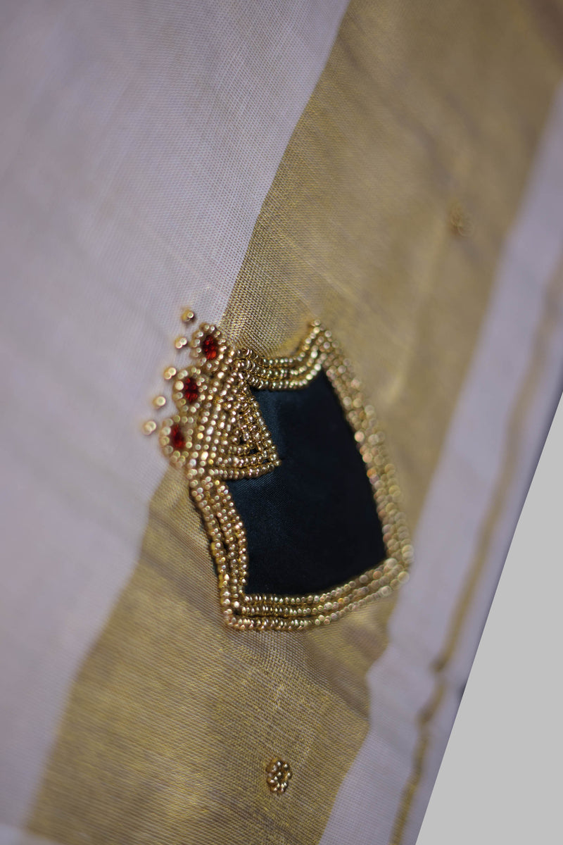 Elegant Kerala Golden Tissue Saree with Aari Beadwork