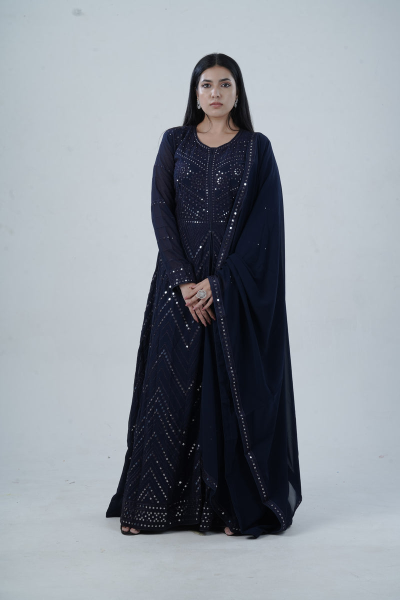 Elegant  Floor-Length Gown with Embroidery & Sequins - Navy Blue