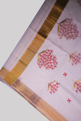 Elegant Kerala Thechipoo Saree with Rich Red Embroidery & Gold Zari
