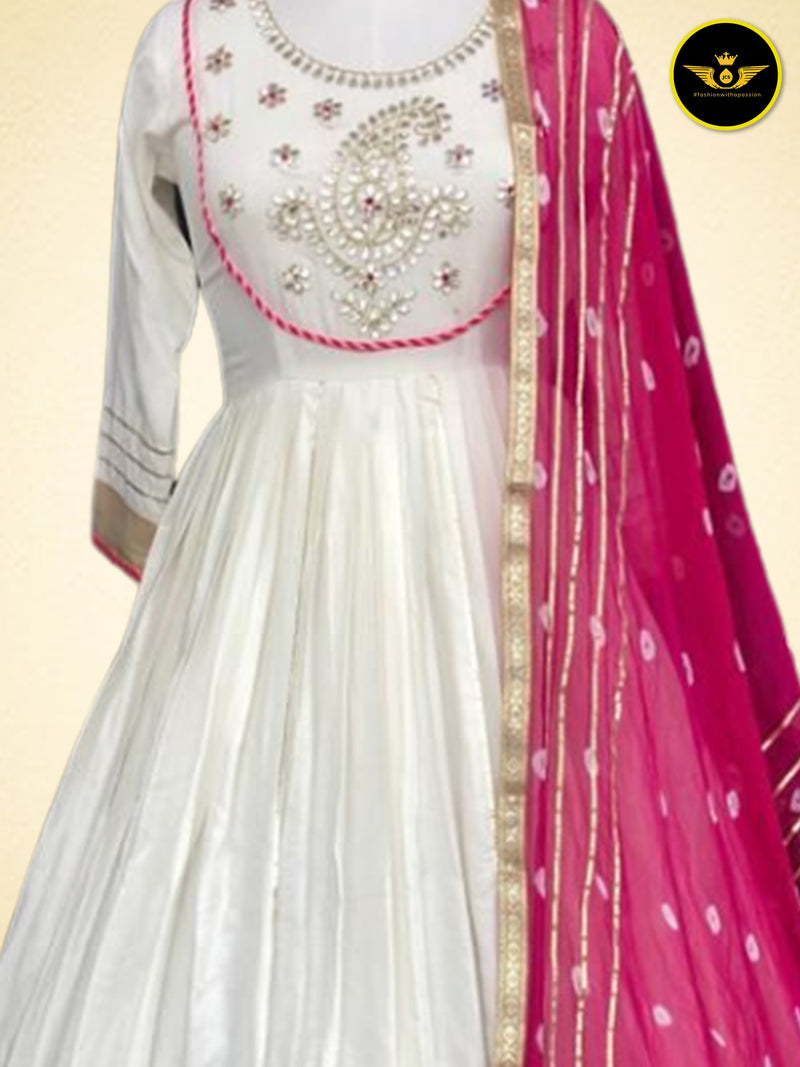 Beautiful Anarkali Gown with Bandej Dupatta in Mesmerizing White