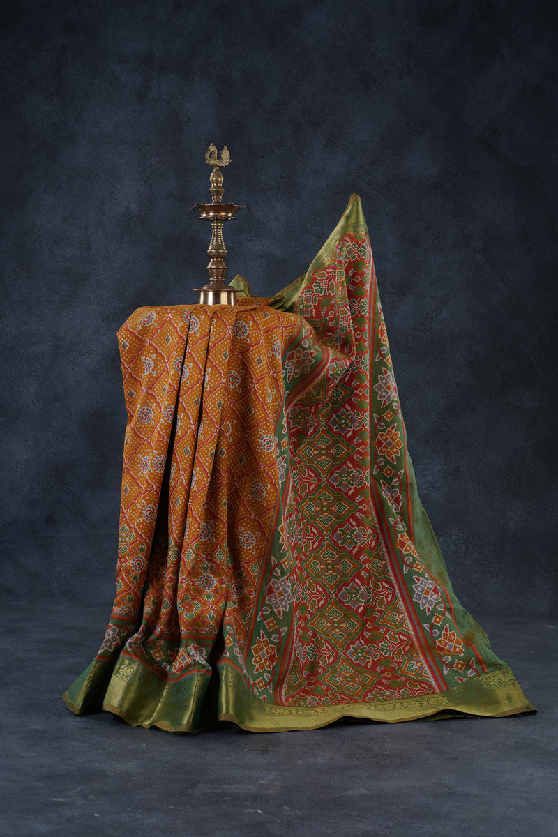 Elegant Ikkat Silk Saree with Aari Work Contrast Blouse & Traditional