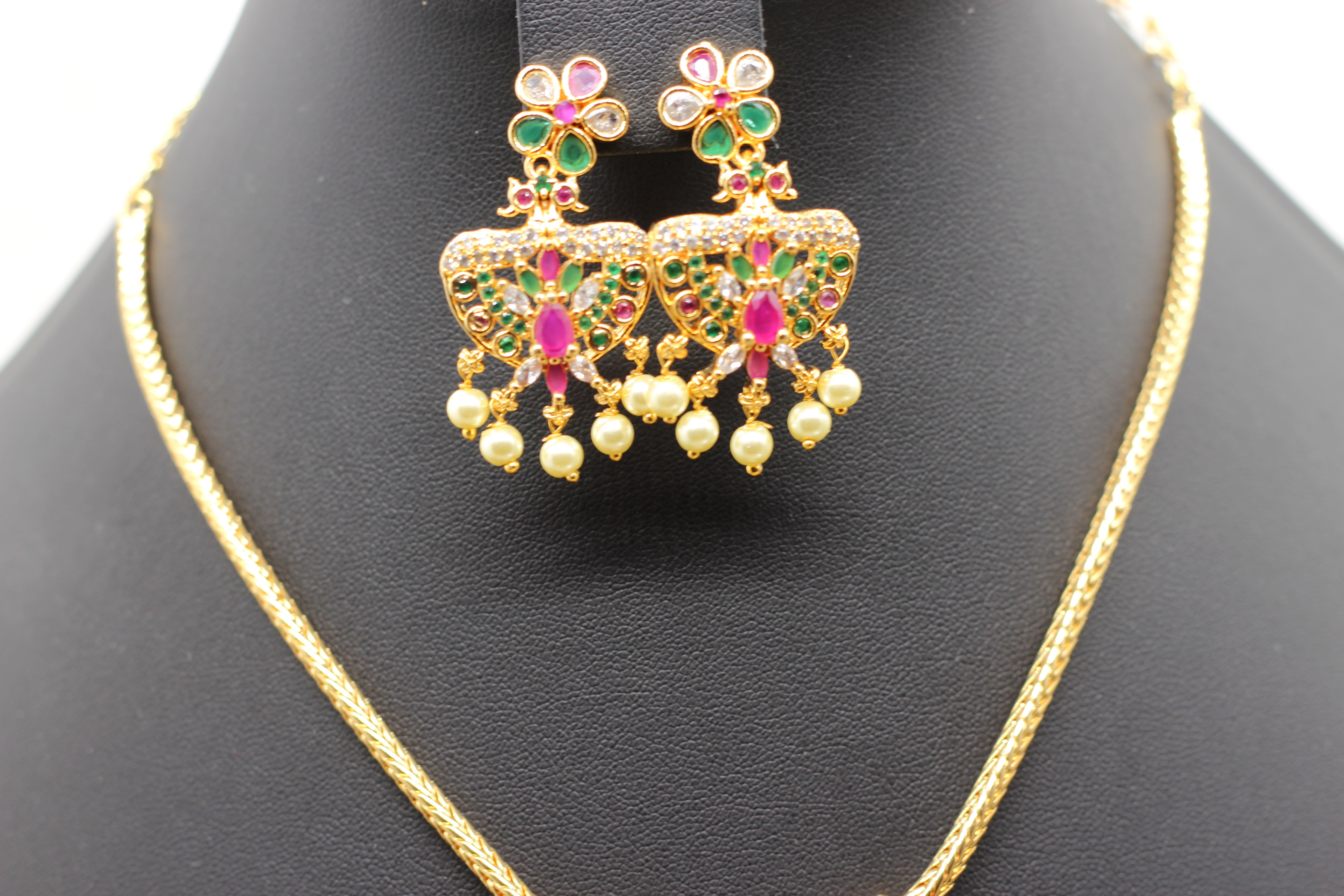 Attigai Pink Stone & Bead Chain and Earring Set in Gold Polish Jewelry JCS Fashions
