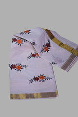 Classic Kerala Cotton Kasavu Saree with Floral Motif & Copper Border