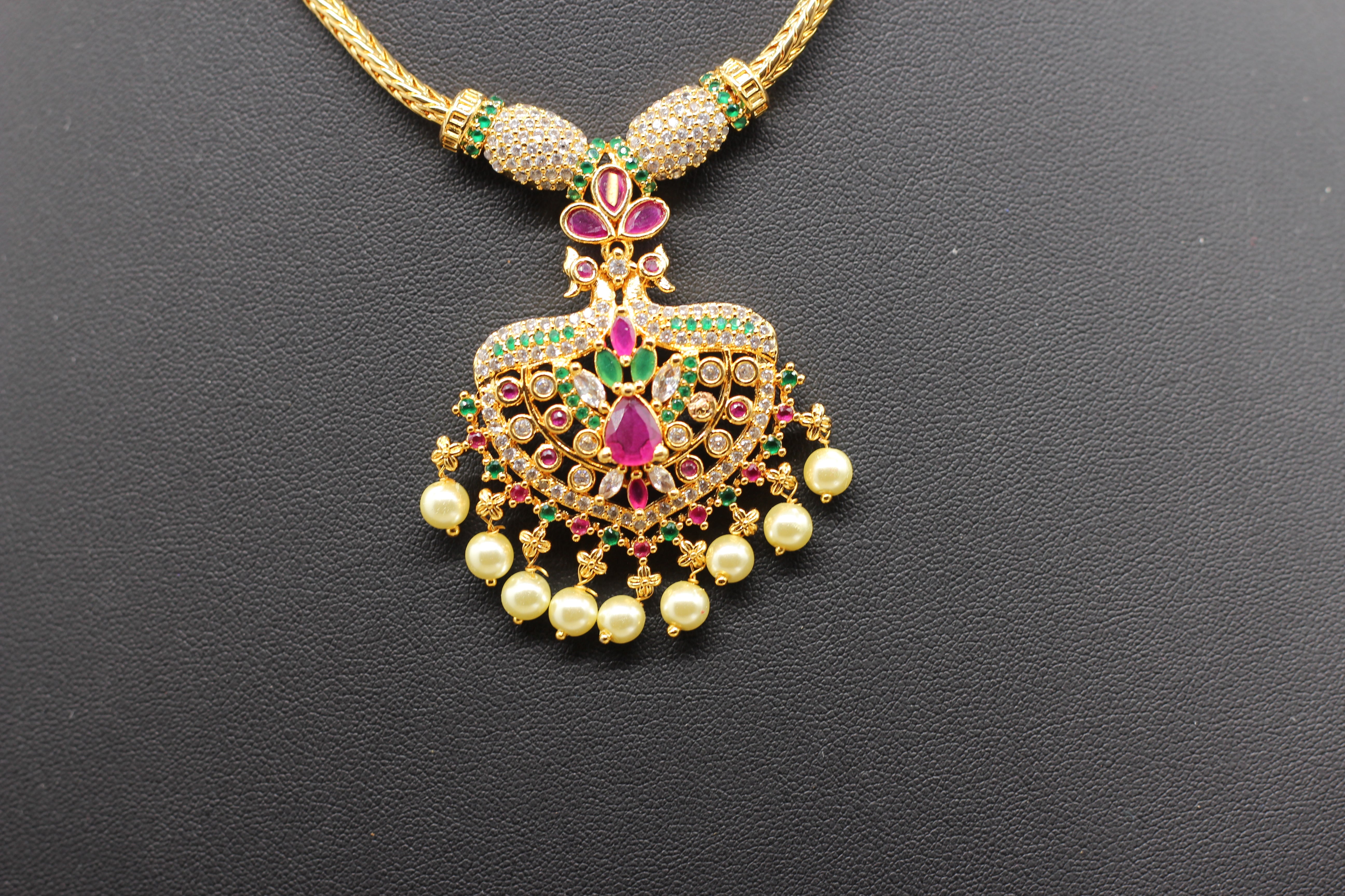 Attigai Pink Stone & Bead Chain and Earring Set in Gold Polish Jewelry JCS Fashions