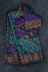 Exquisite Soft Ikkat Silk Saree with Aari Work Contrast Blouse