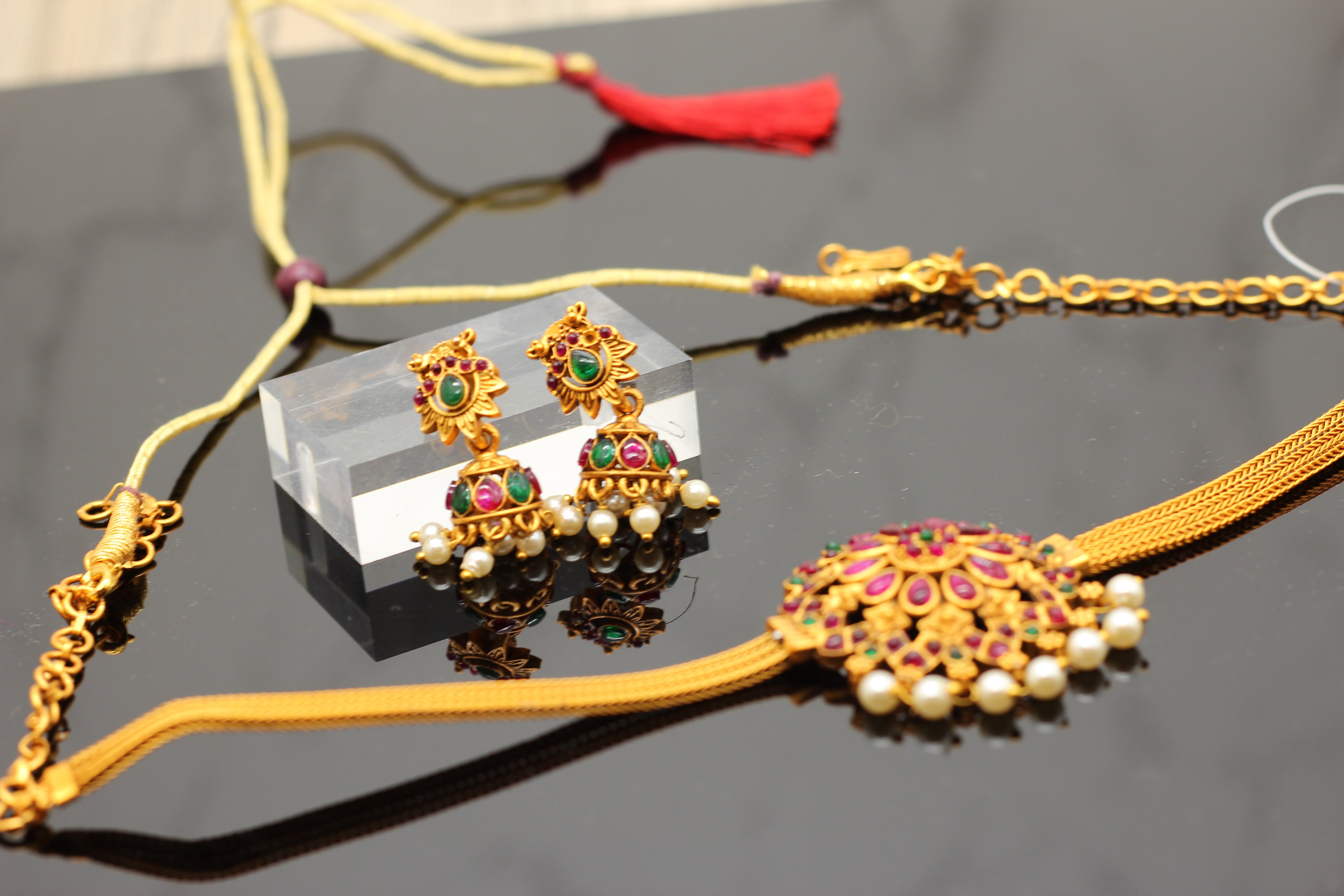Chic Kemp Pendant and Jhumka Earring Set with Adjustable Choker Jewelry JCS Fashions