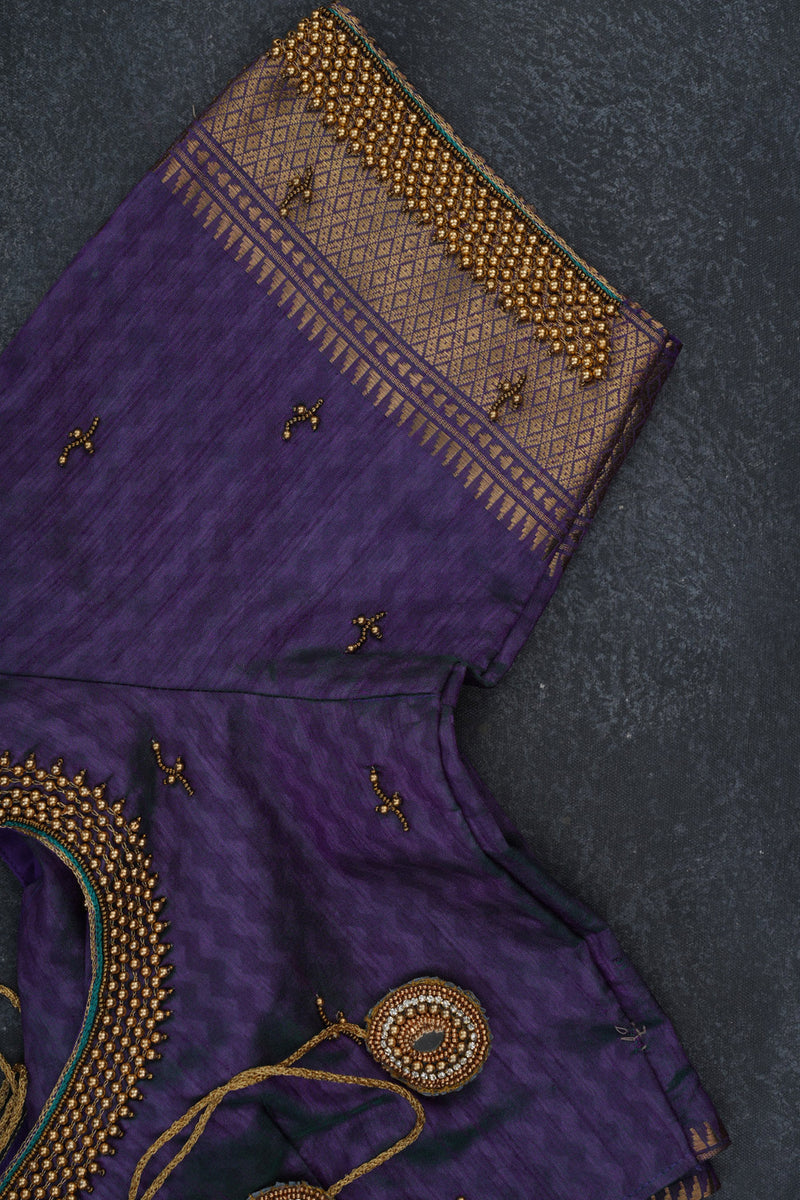 Exquisite Soft Ikkat Silk Saree with Aari Work Contrast Blouse