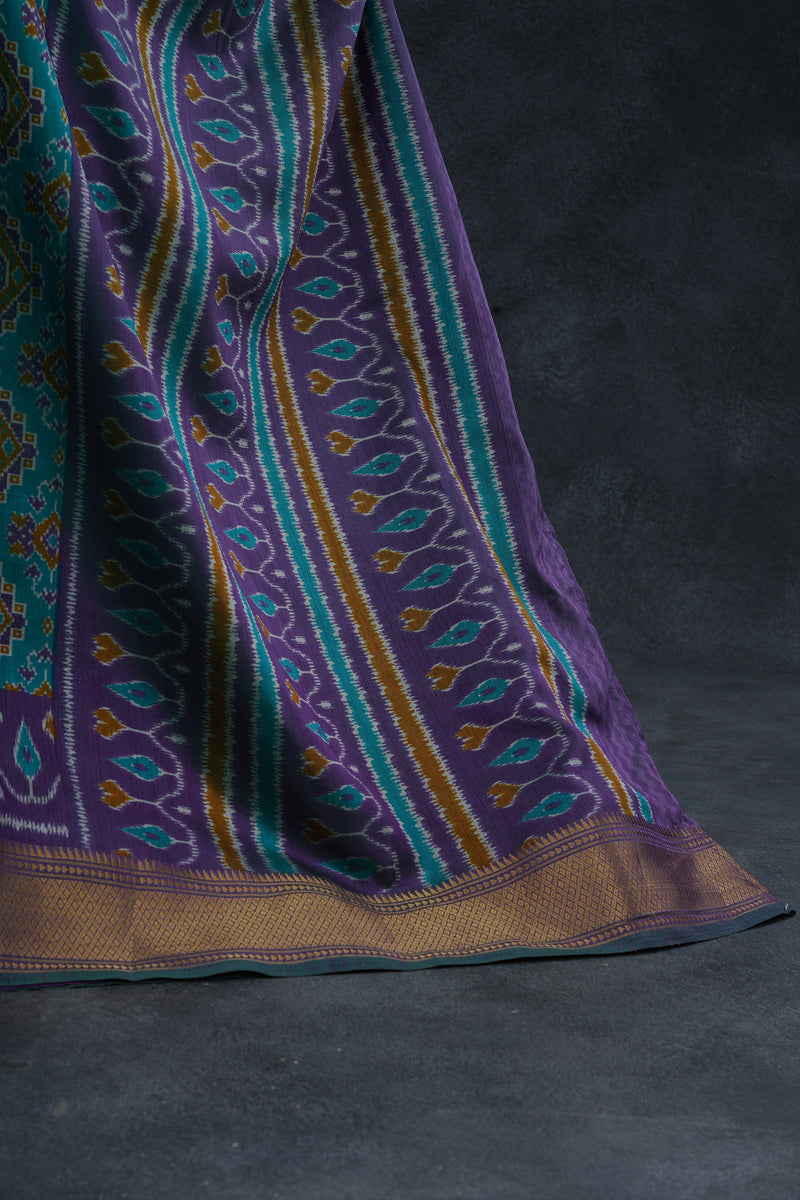 Exquisite Soft Ikkat Silk Saree with Aari Work Contrast Blouse