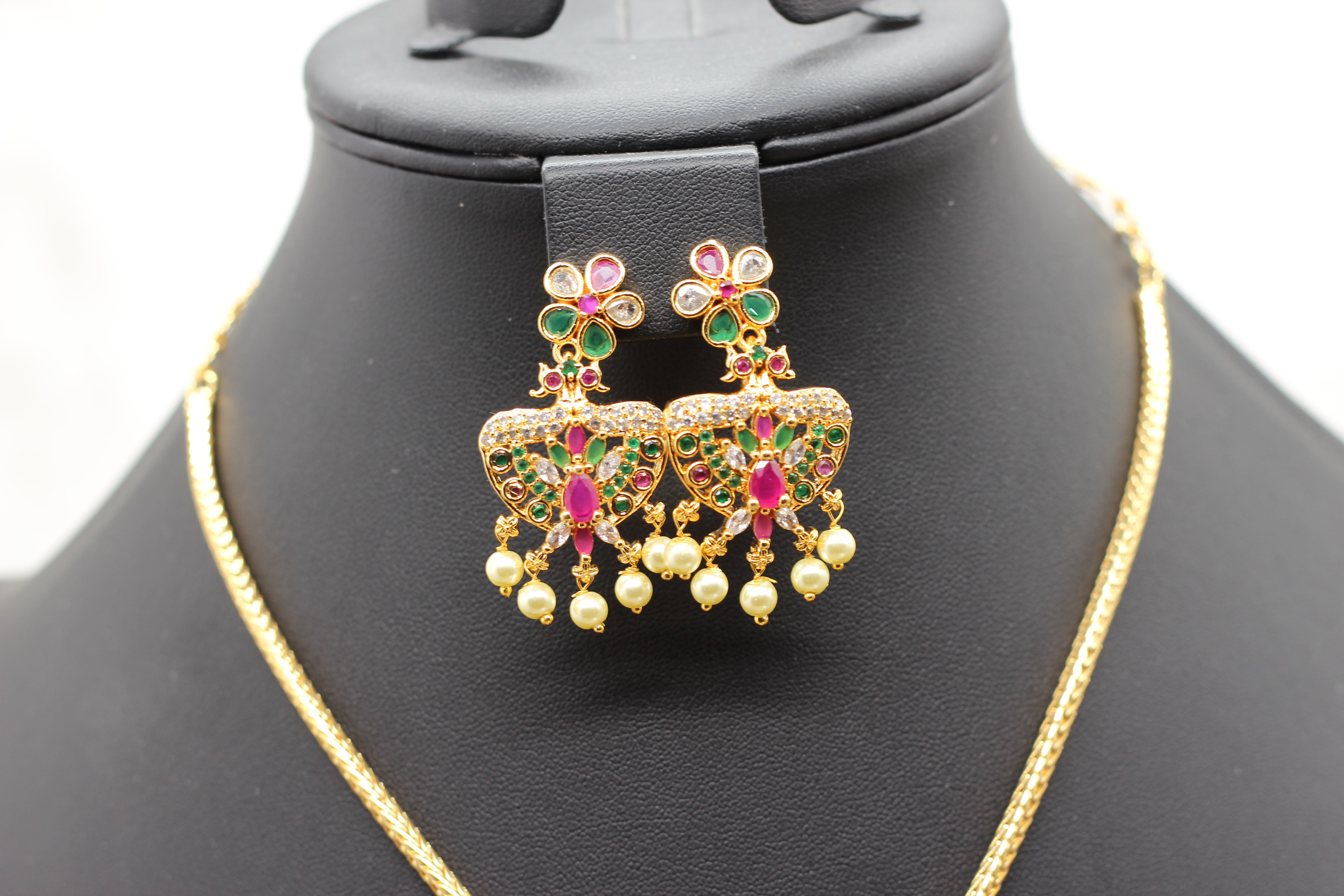Attigai Pink Stone & Bead Chain and Earring Set in Gold Polish Jewelry JCS Fashions