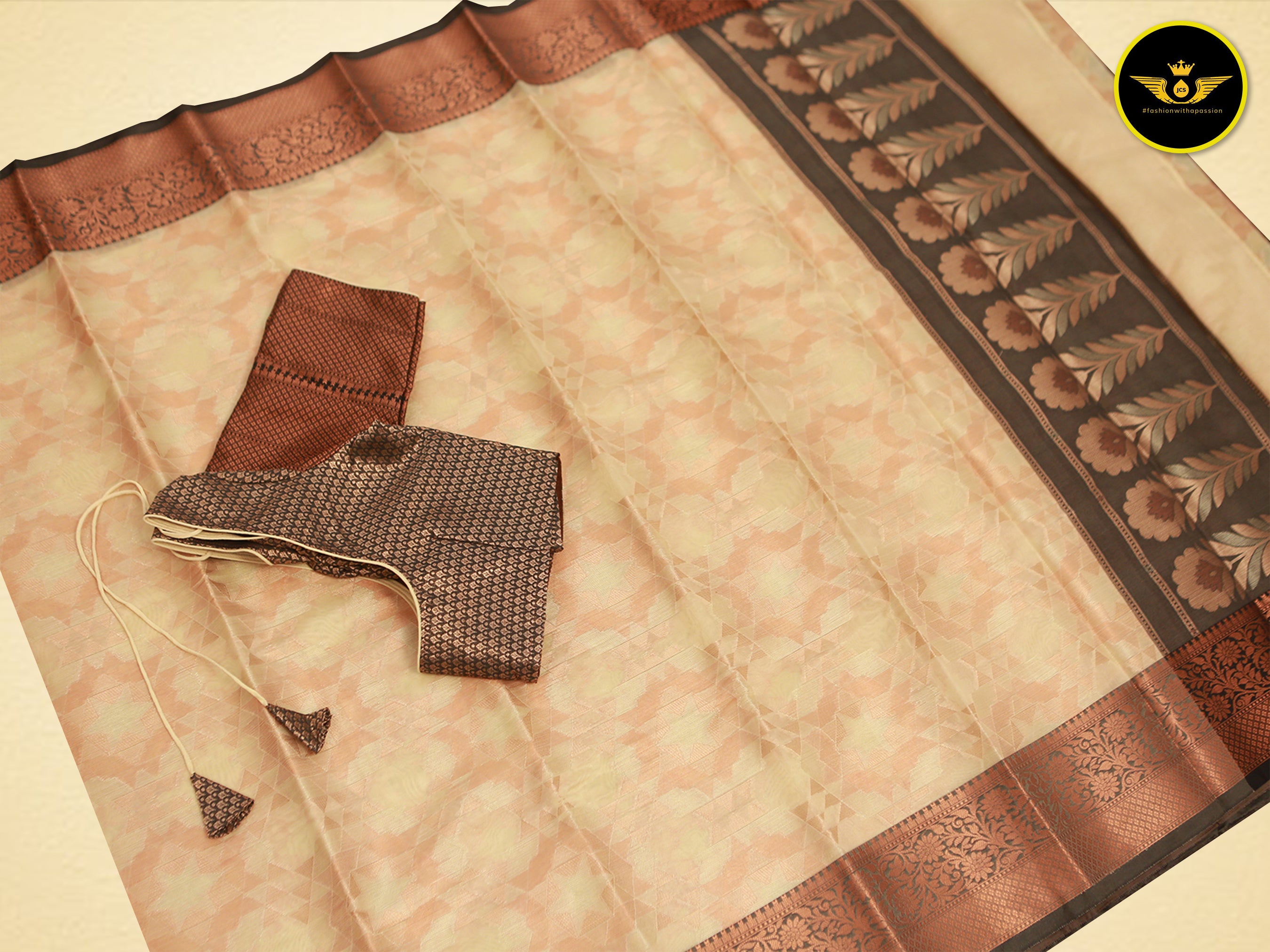 Luxurious Semi-Silk Saree with Contrast Borders & Stitched Blouse Saree JCS Fashions