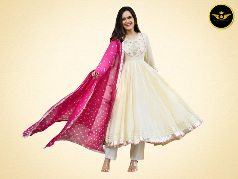 Beautiful Anarkali Gown with Bandej Dupatta in Mesmerizing White