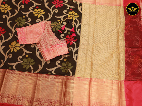 Banarasi Handloom Saree with All Over Zari & Designer Pallu, Beautiful Contrast Zari Work Border