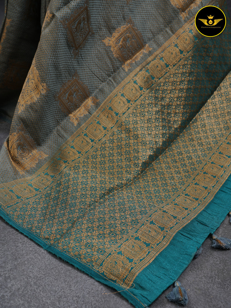 GREY Color Chanderi Silk Saree With Contrast Teal Blue Color Lace Work Blouse