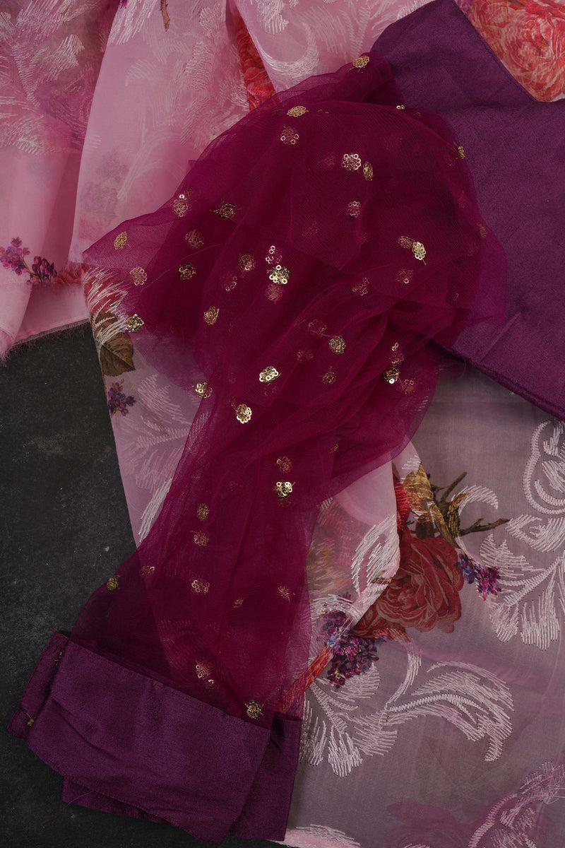 Premium Organza Saree with Chiknakari Work & Floral Prints + Stylish