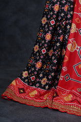 Satin Silk Patola Saree in Imperial Black & Red with Stitched Blouse