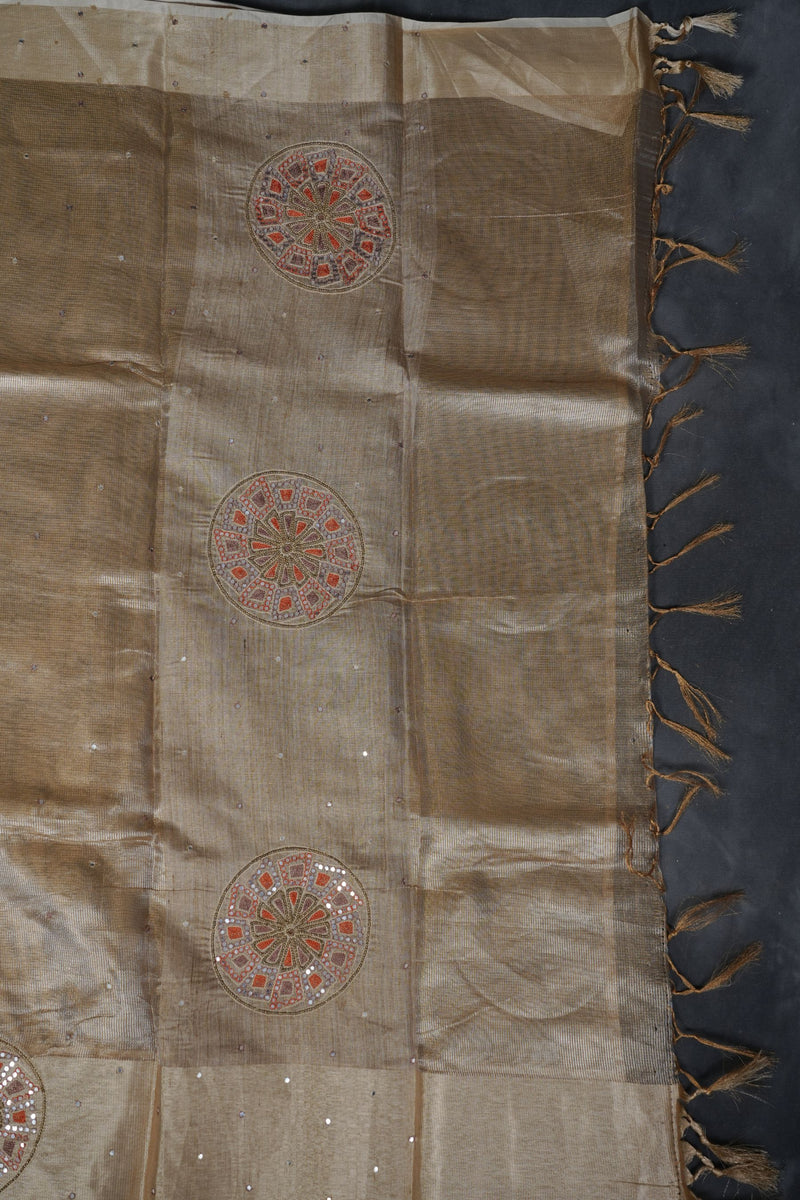Gold Tissue Silk Sarees with Hand Embroidery and Maggam Work Blouse