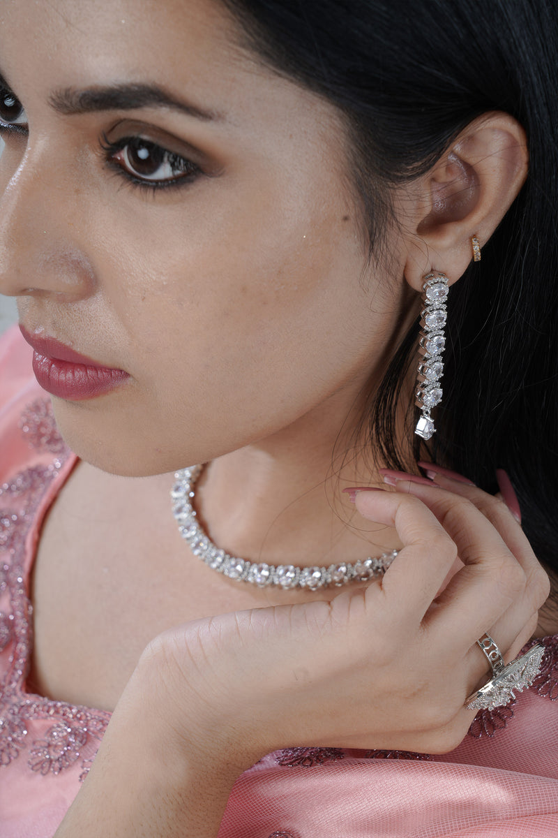 Silver Polish Stone Neckset with Matching Earrings - JCS Fashions