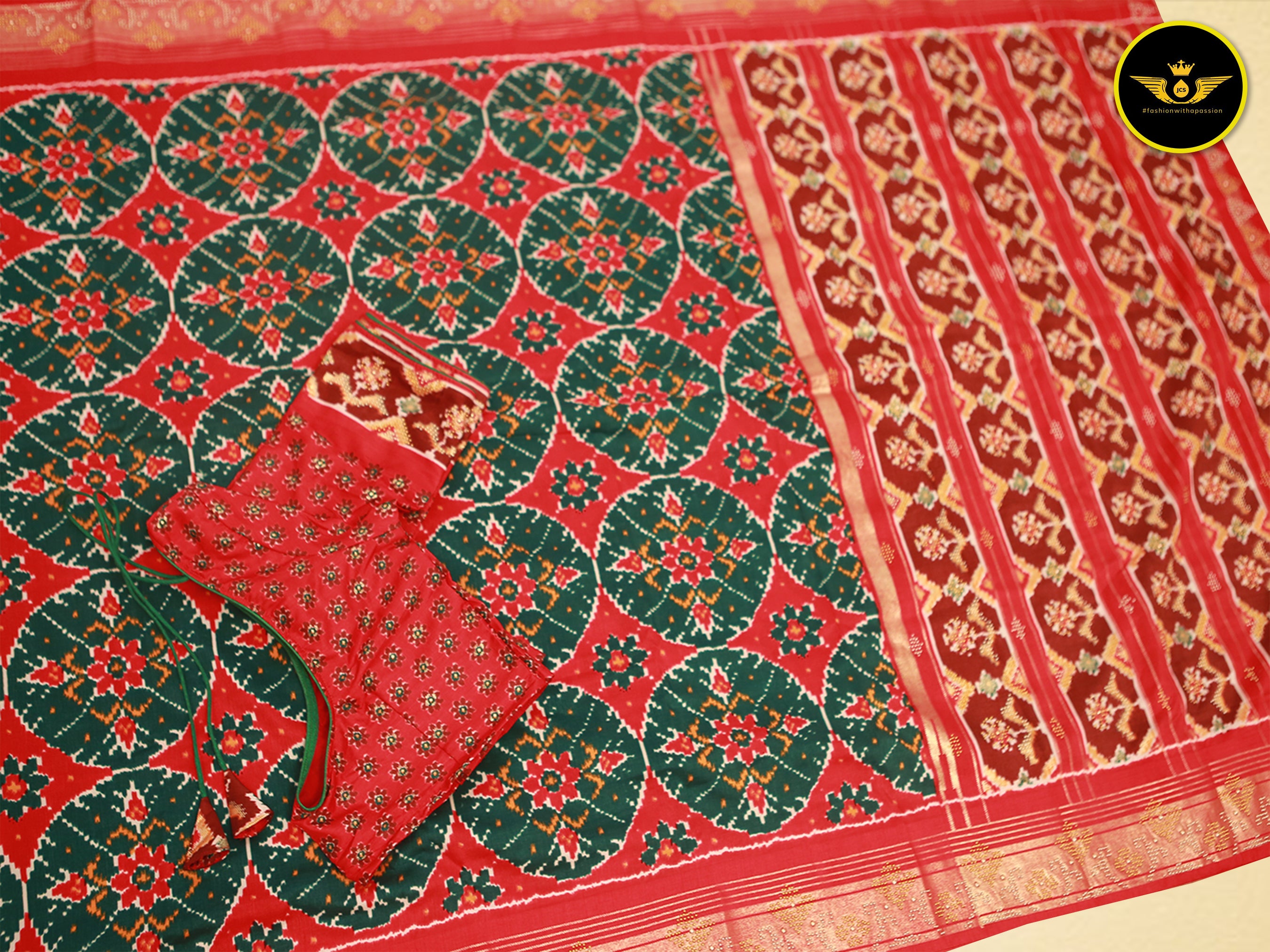 Exquisite Twill Ikkat Patola Silk Sarees with Contrast Borders Saree JCS Fashions Green 5.5 meters