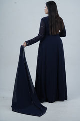 Elegant  Floor-Length Gown with Embroidery & Sequins - Navy Blue