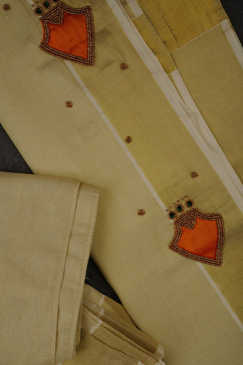 Exquisite Golden Tissue Palakkat Set Mundu with Aari Work