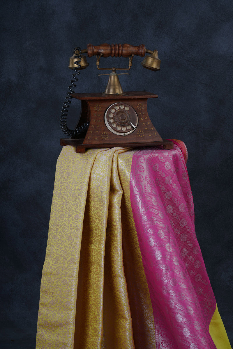 Lemon Yellow Banarasi Soft Silk Saree with Silver Weaving Brocade