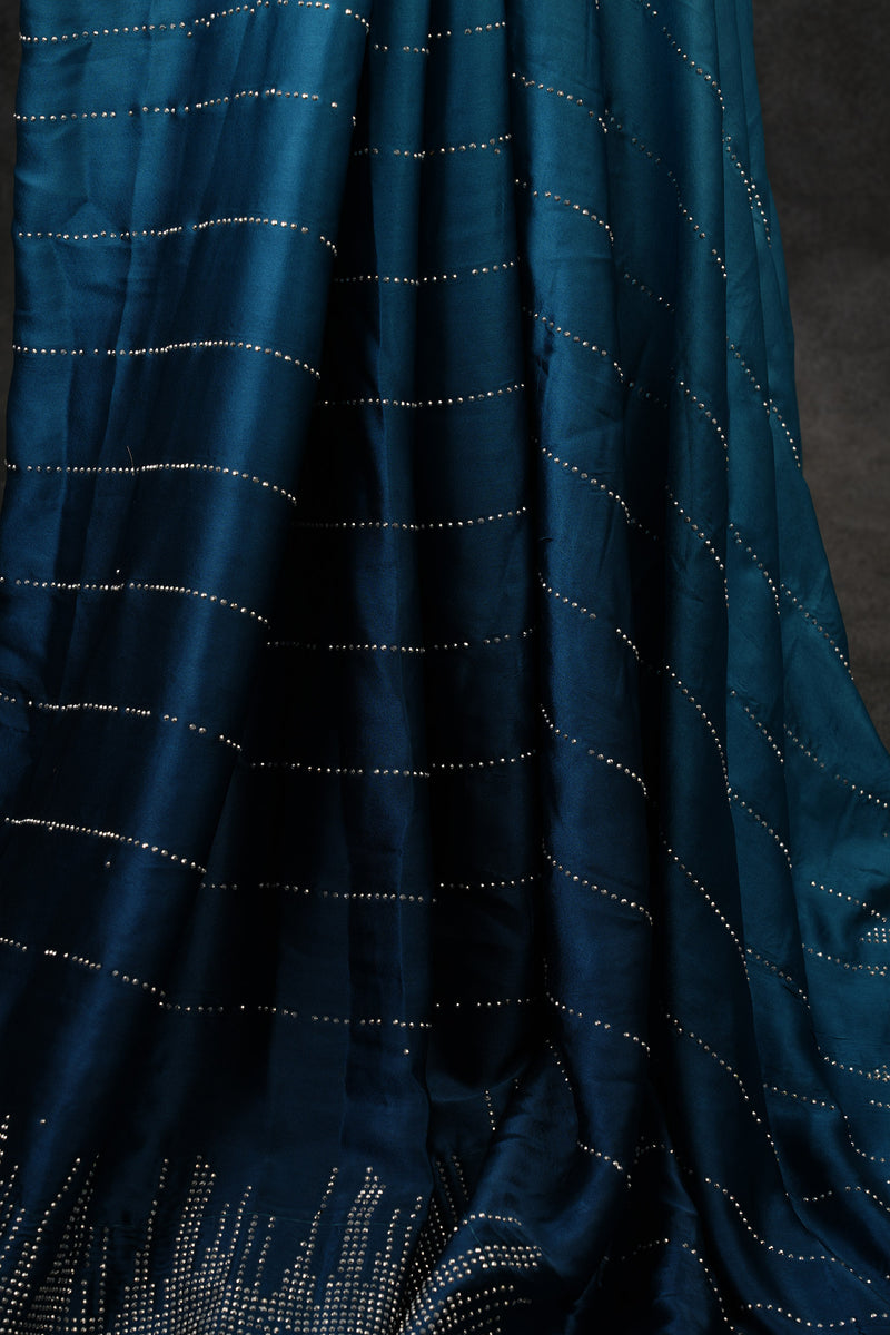 Graceful Japan Satin Saree in Dual-Blue Tones with Diamond Embellishments