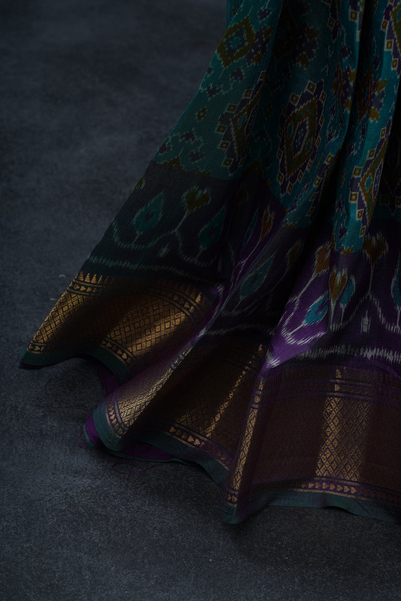 Exquisite Soft Ikkat Silk Saree with Aari Work Contrast Blouse