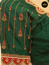 Stunning Heavy Aari Work Blouse With Captivating Latkan - Bottle Green