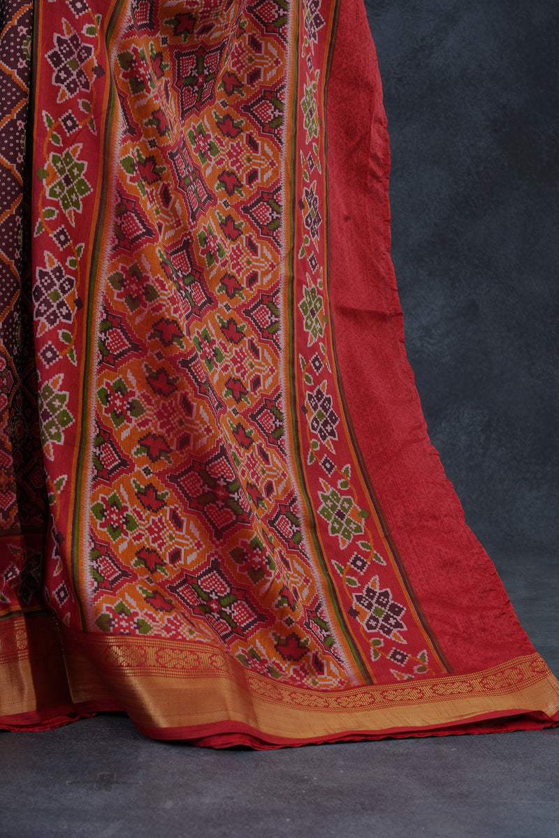 Elegant Ikkat Silk Saree with Luxurious Aari Work Contrast Blouse