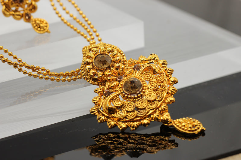 Traditional Matte Gold Chain and Earring Set - Exquisite Temple Jewelry