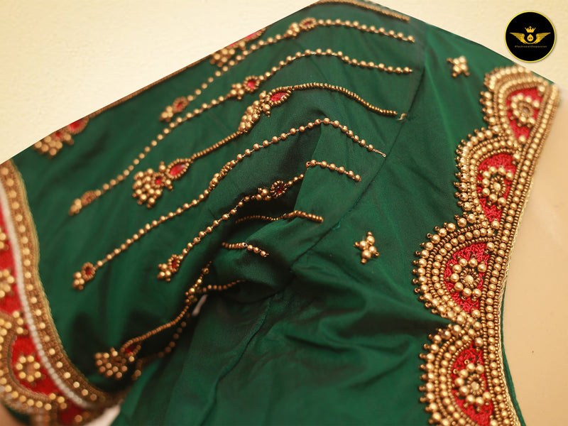 Stunning Heavy Aari Work Blouse With Captivating Latkan - Bottle Green
