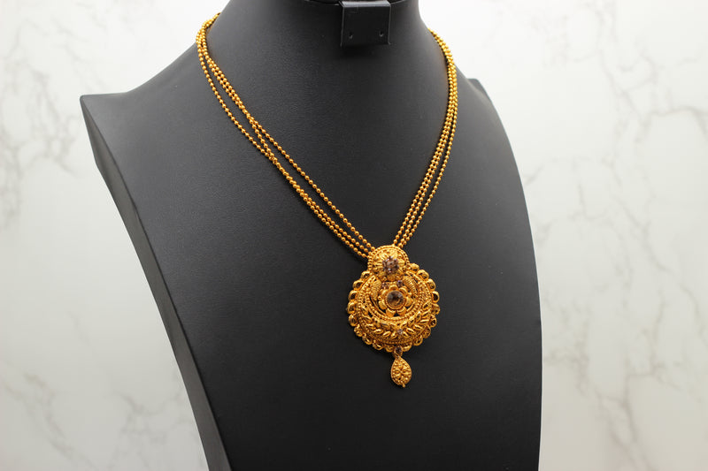 Traditional Matte-Finish Golden Stone Chain and Earrings Set