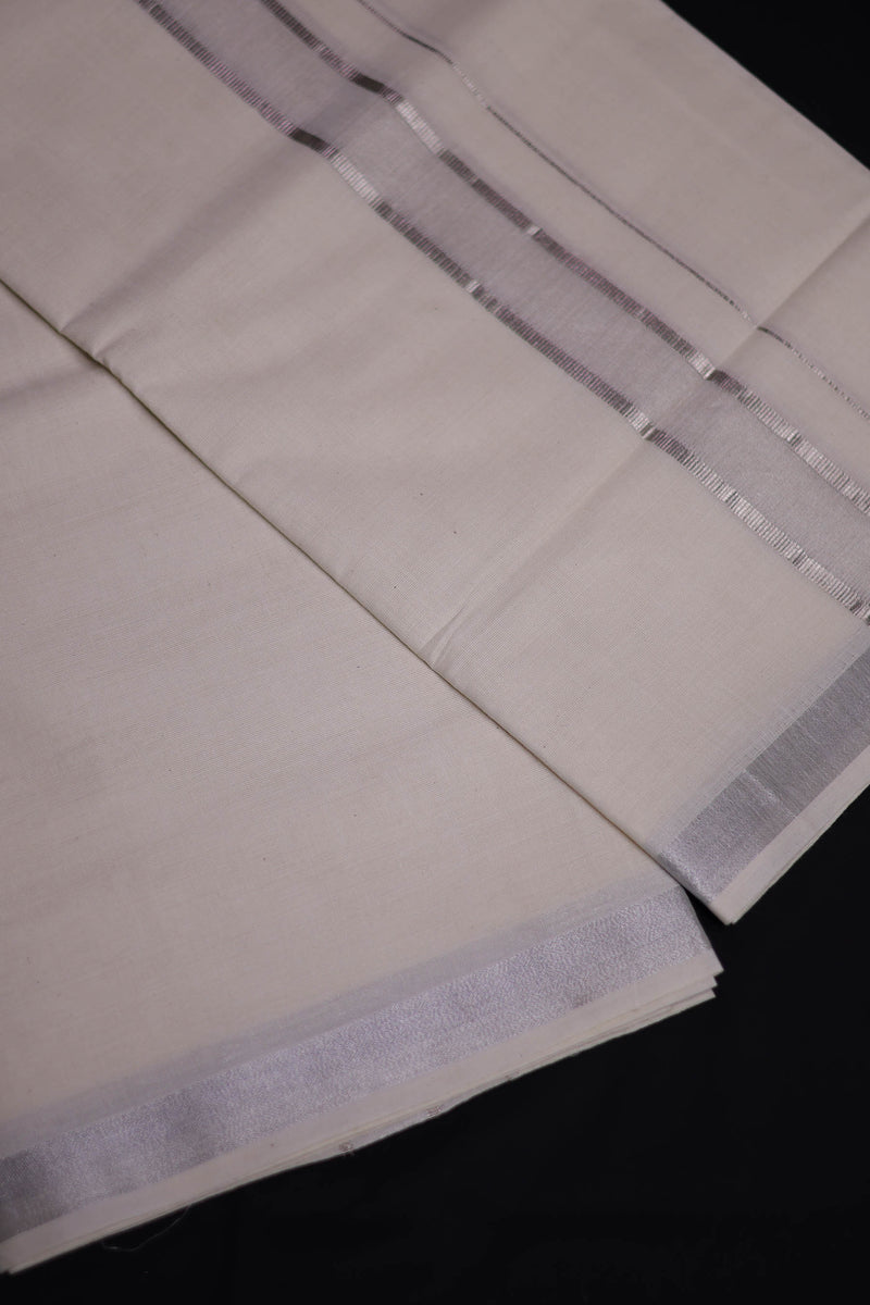 Elegant Men's Kerala Cotton Dhoti with Silver Zari Borders